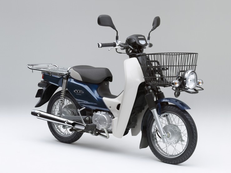 スーパーカブ50に前後14インチホイール、大型フロントバスケット、リア