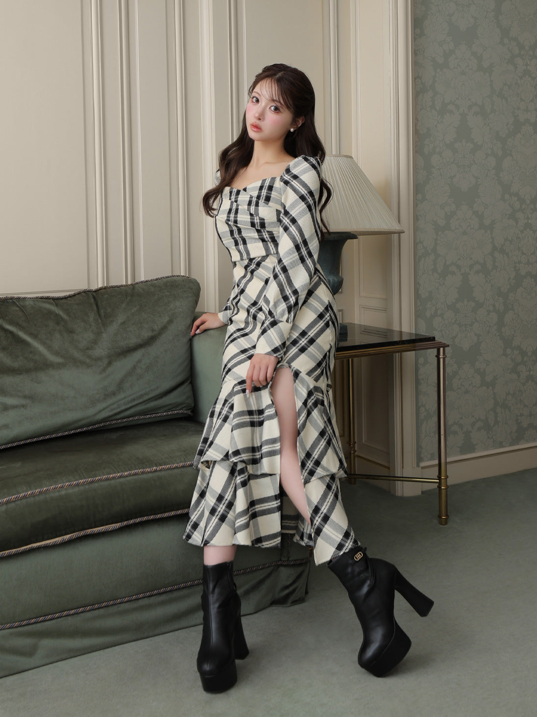 Cross drape check mermaid long onepiece(eme10827) – M me eme