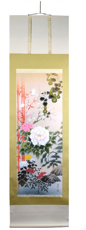 真作/誠/四季草花/桐共箱付/布袋屋掛軸HC-400 真作/誠/四季草花/桐共箱