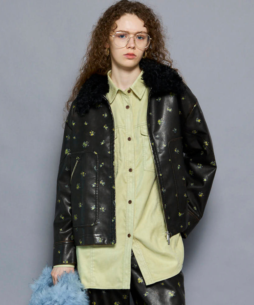 2way Collar Small Flower Vegan Leather Blouson