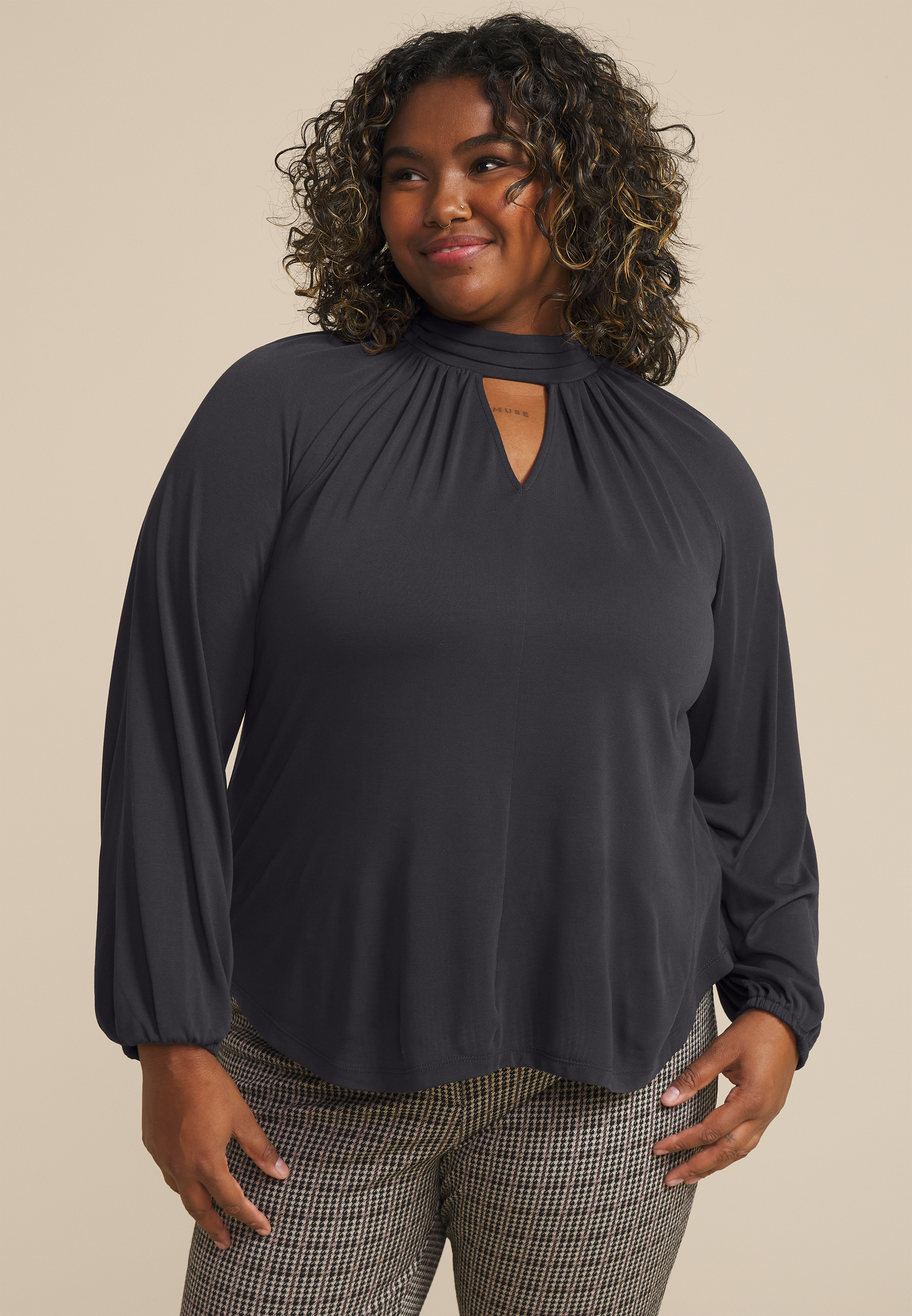 Plus Size Keyhole Neck Blouson Sleeve Blouse | maurices