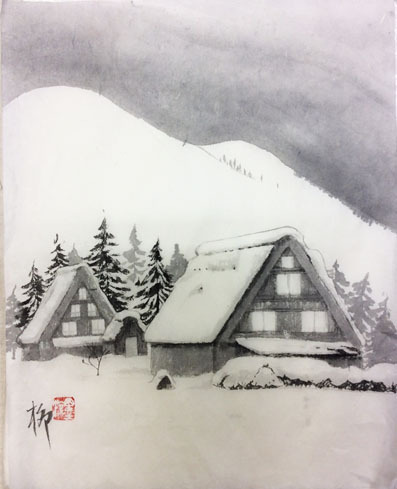 水墨画 雪景色の村 水墨画 雪景色の村 水墨画 雪景色の村 雪景