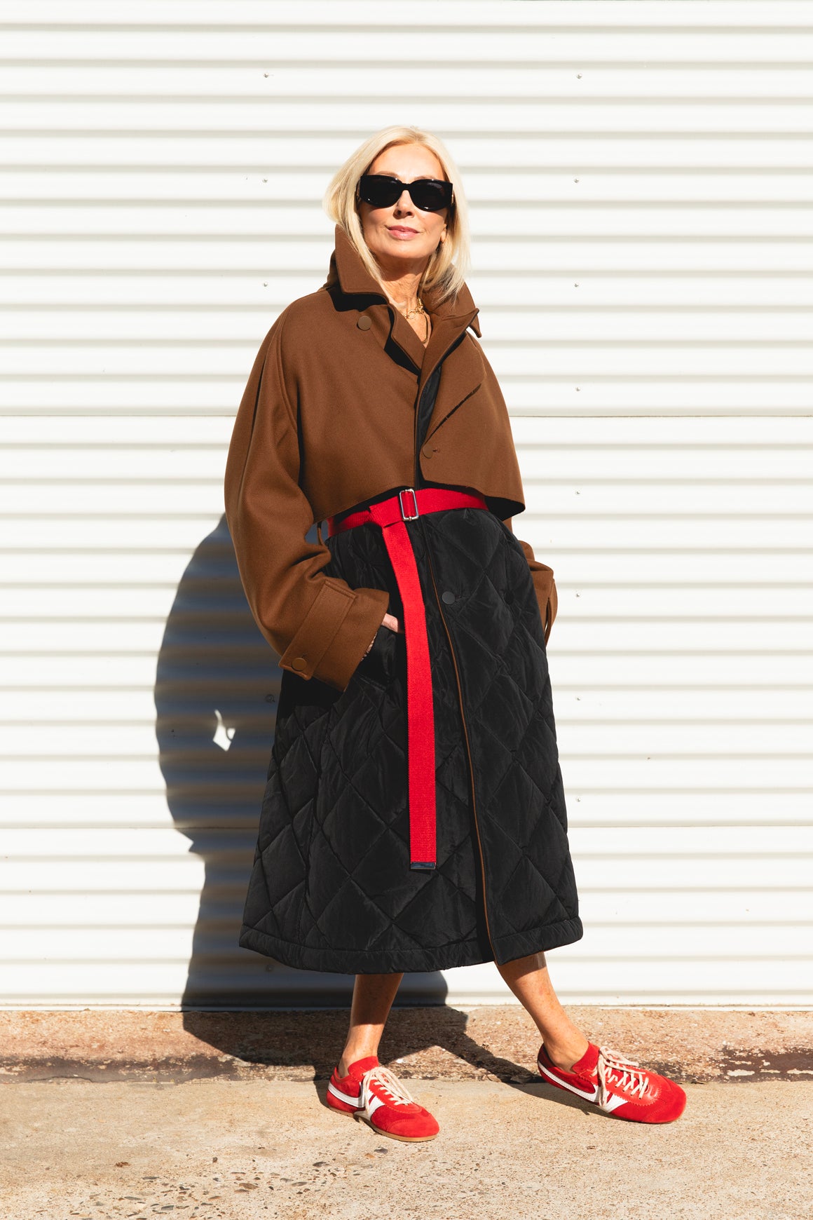 PLAN C Tri Color Wool & Quilted Nylon Coat W/ Belt (Sz.M) | MOSS