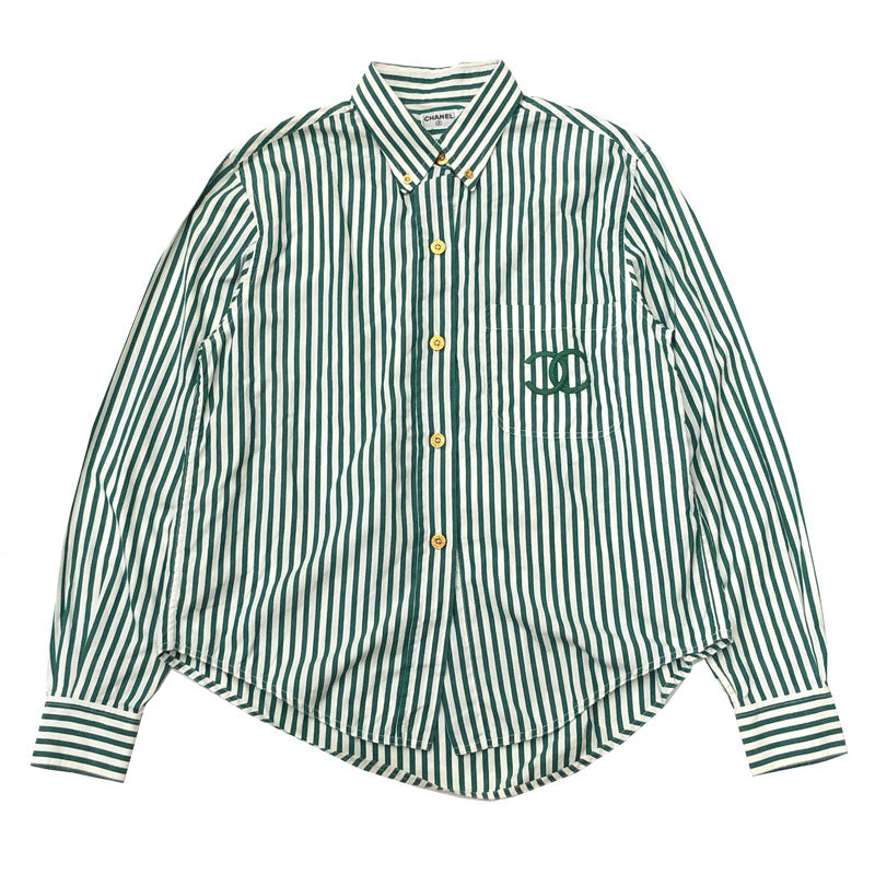 シャネル CHANEL ストライプ ココマーク 長袖シャツ グリーン×ホワイト