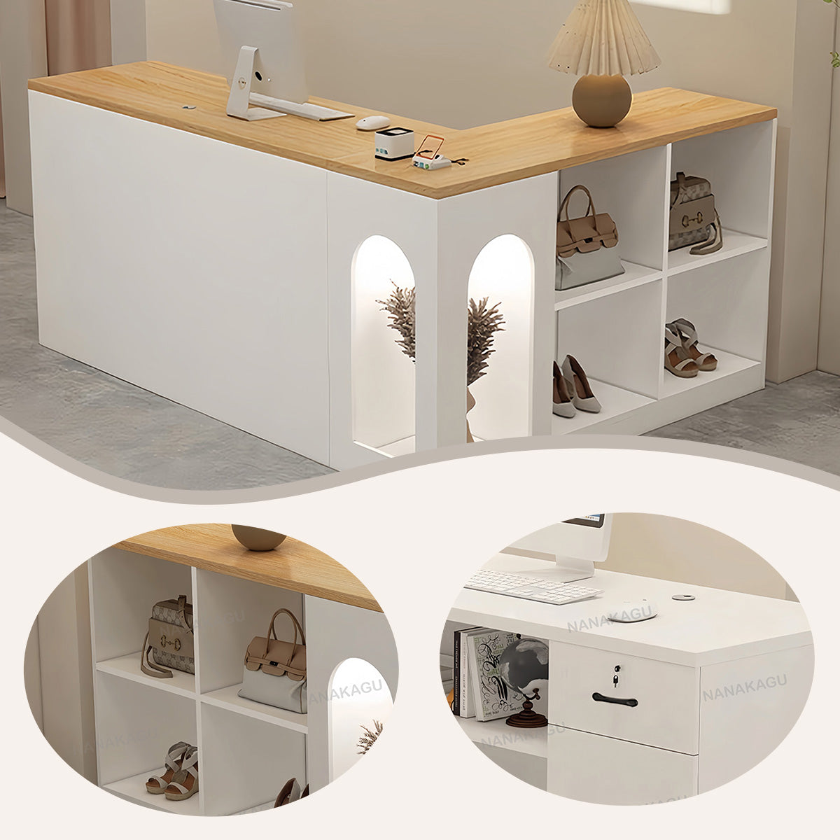 受付カウンター,レジカウンター,L字型カウンター,店舗用,展示棚,大容量