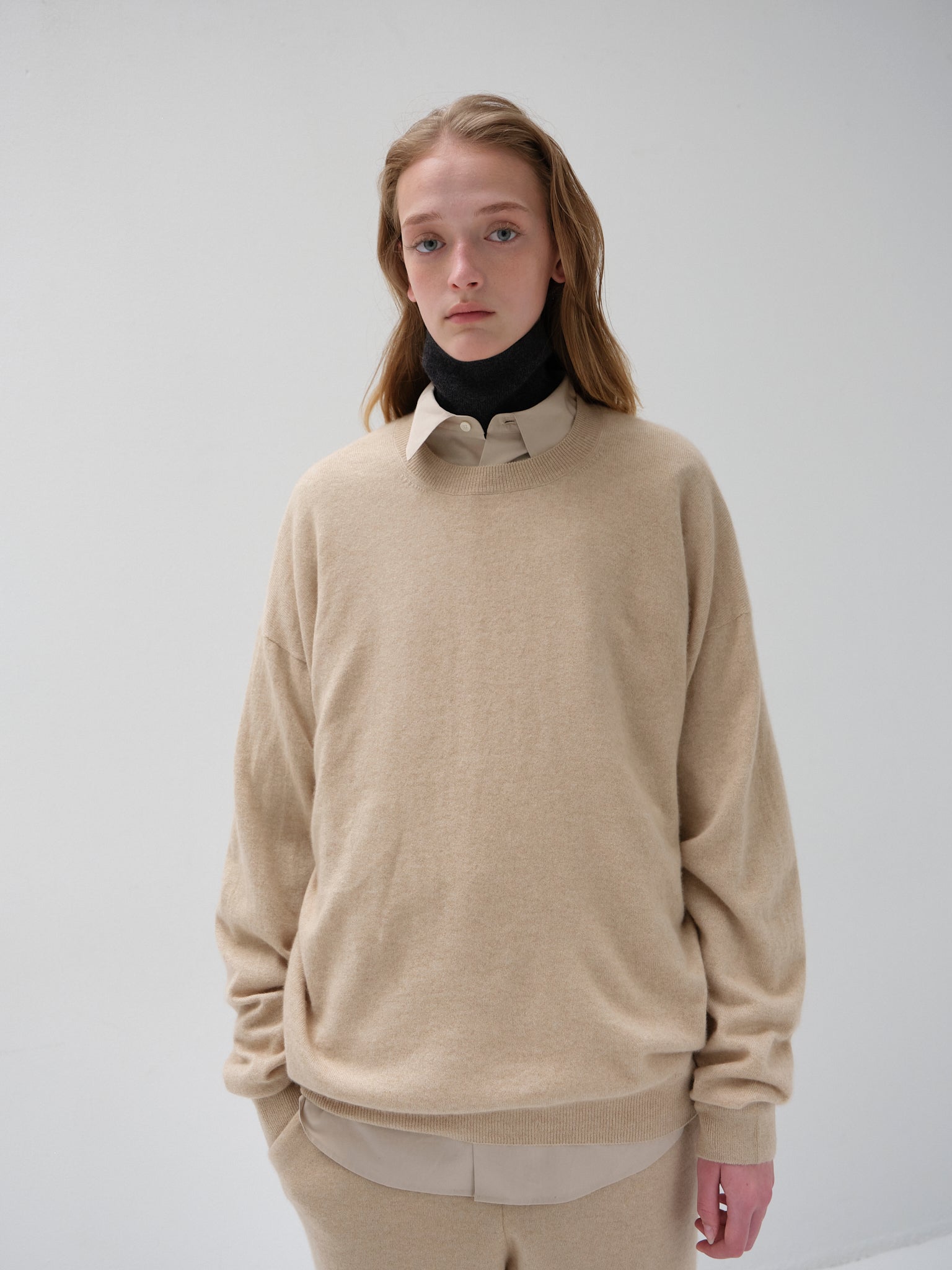 モンゴリアンカシミヤ エルボーパッチ クルーネック, Natural Beige