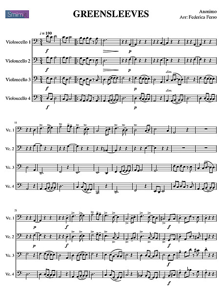 グリーンスリーブス （Greensleeves） 4 Cello - 楽譜 - カントリー