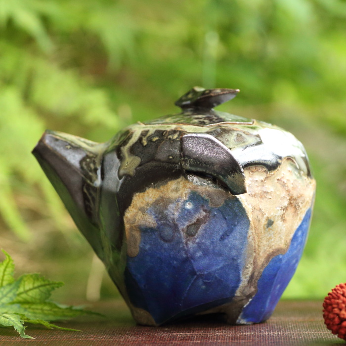 時代 備前双龍宝瓶 炭化青備前 窯変 双竜 手造 煎茶道具