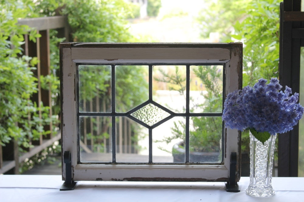 3枚あり！透明ガラスにダイヤ柄のステンドグラス イギリスアンティーク