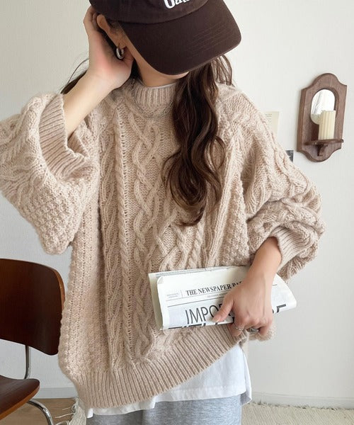 ざっくり感で一瞬でこなれ顔◎立体アラン柄ローゲージケーブルニット