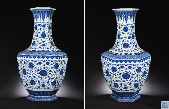 清乾隆青花缠枝花卉六方大瓶980万落槌_拍卖资讯_新浪收藏_新浪网