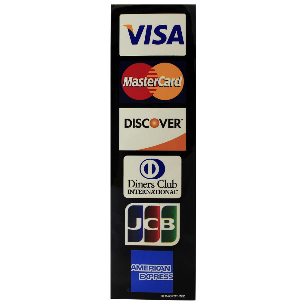 Visa, MasterCard, Discovery, JCB, AMEX, DCI Medium Decal