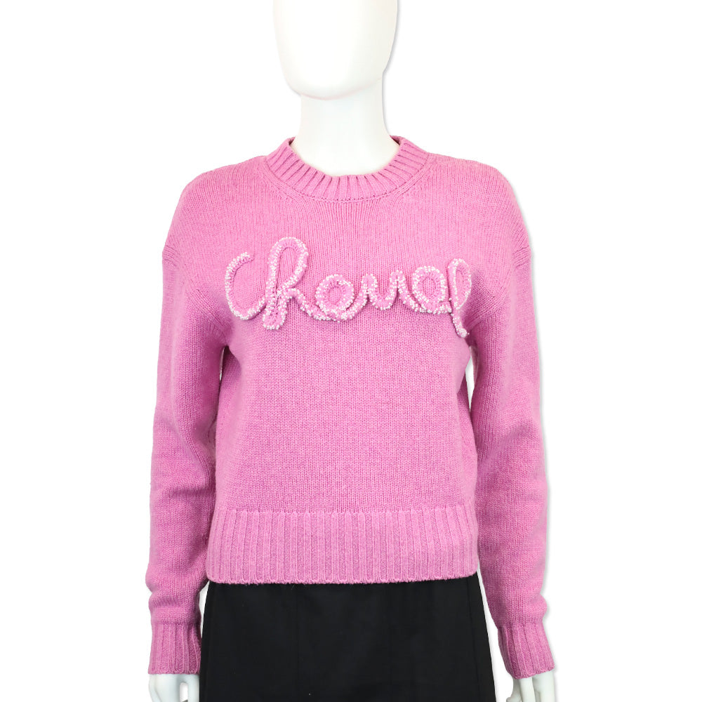 Chanel 2020 Pink Cashmere Knit Pearl Logo Crewneck Sweater