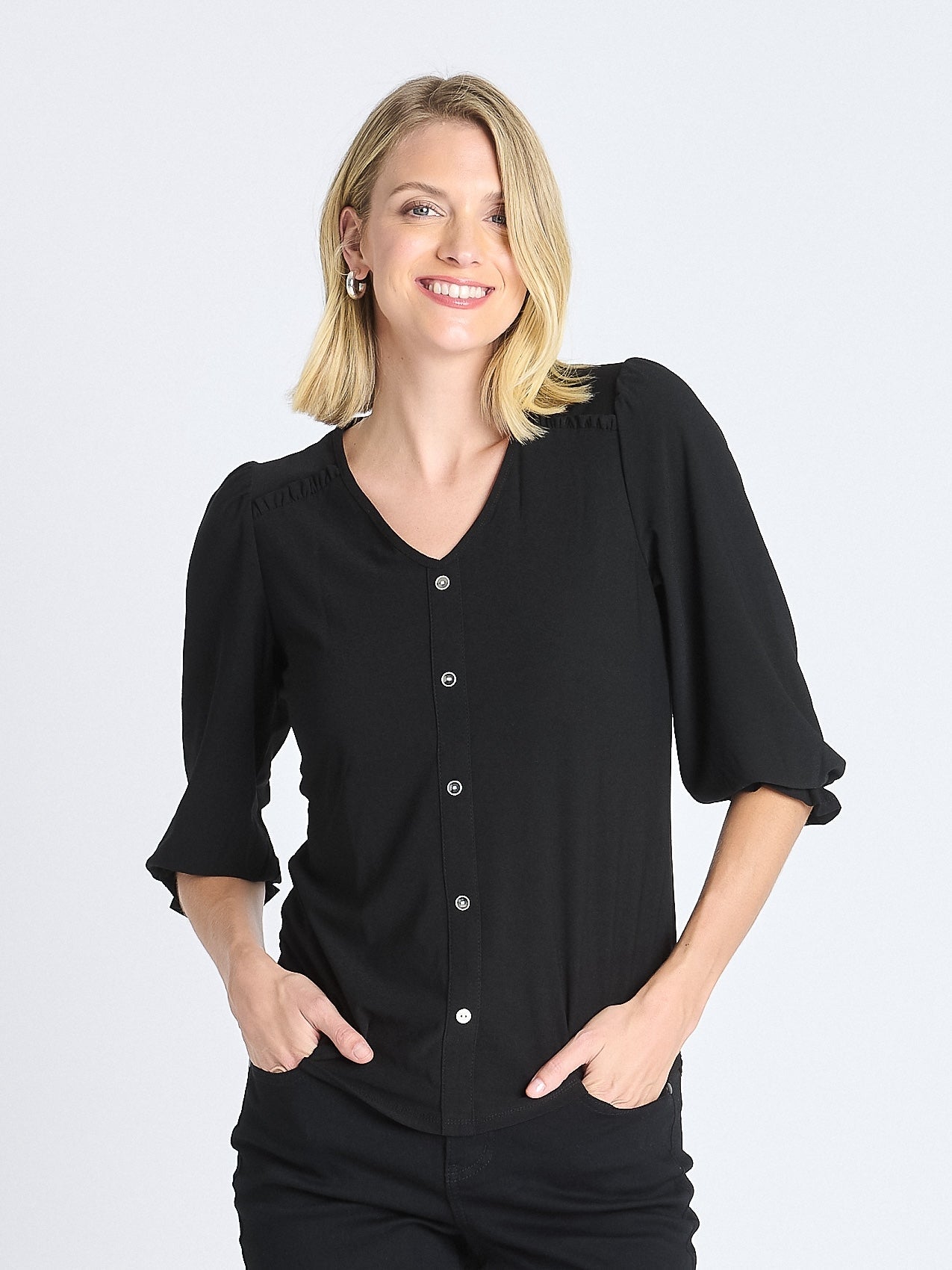 Ruffle 3/4 Sleeve Button Top, Black – Dressbarn