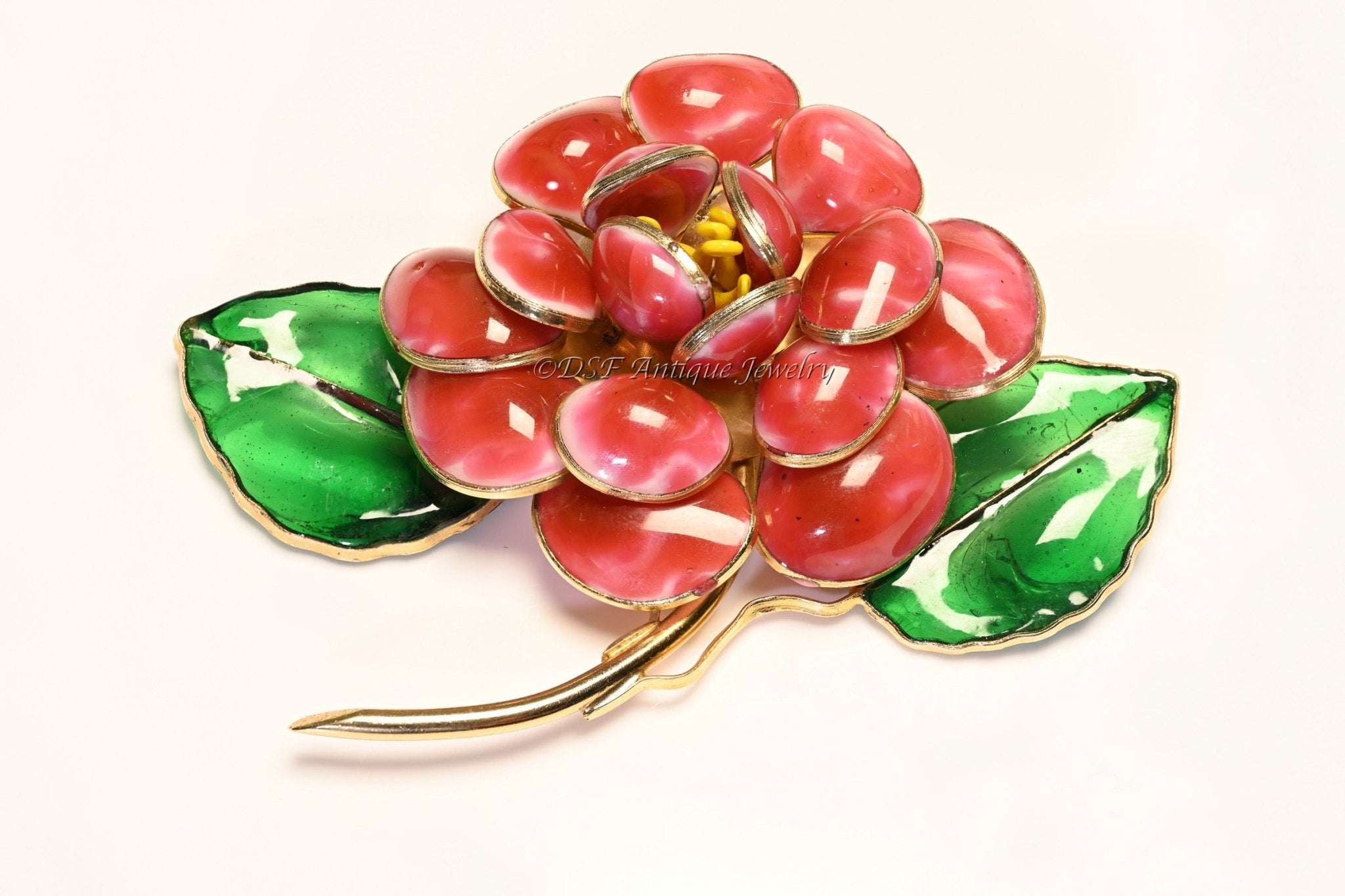 Coco Chanel Paris 1930's Gripoix Red Green Poured Glass Camellia