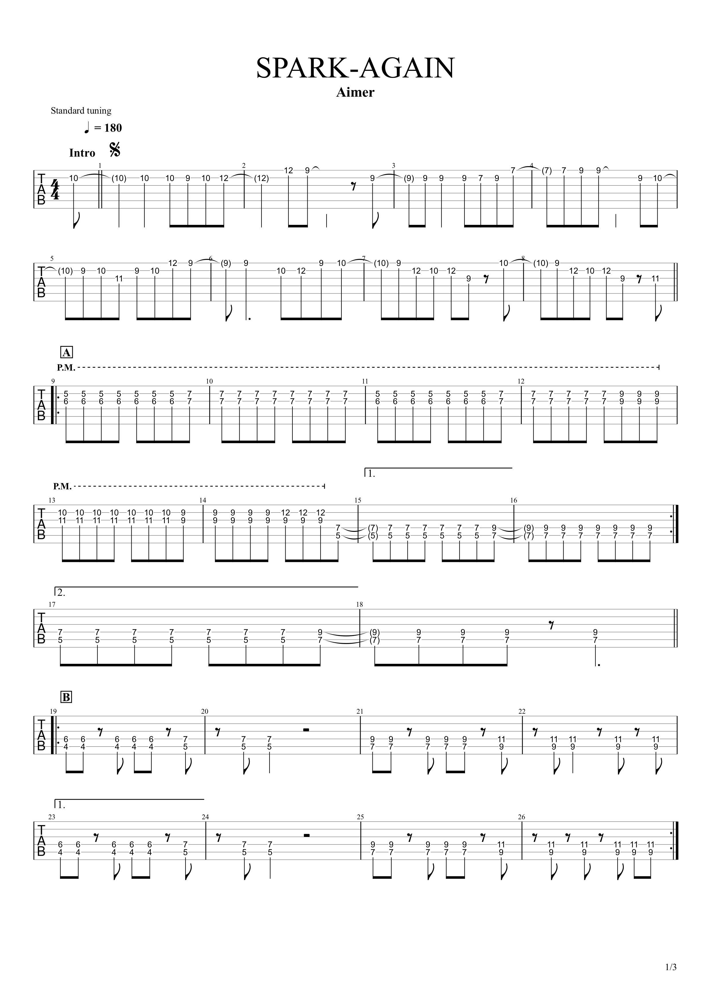 SPARK-AGAIN／Aimer】無料ギターTAB譜｜イントロリードあり！パワー