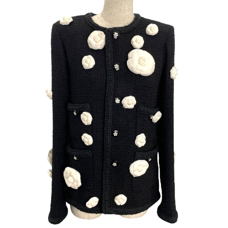 シャネル CHANEL カメリア装飾 ノーカラーツイードジャケット P75860