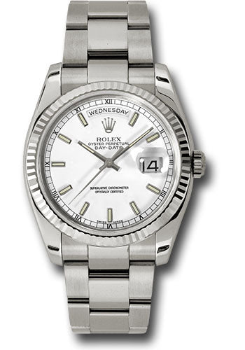 Rolex White Gold Day-Date 36 Watch - Fluted Bezel - White Index Dial -