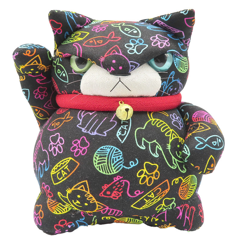 萩工房 わるねこ：大 右手上げ・ネオンカラー柄 (座布団付き)