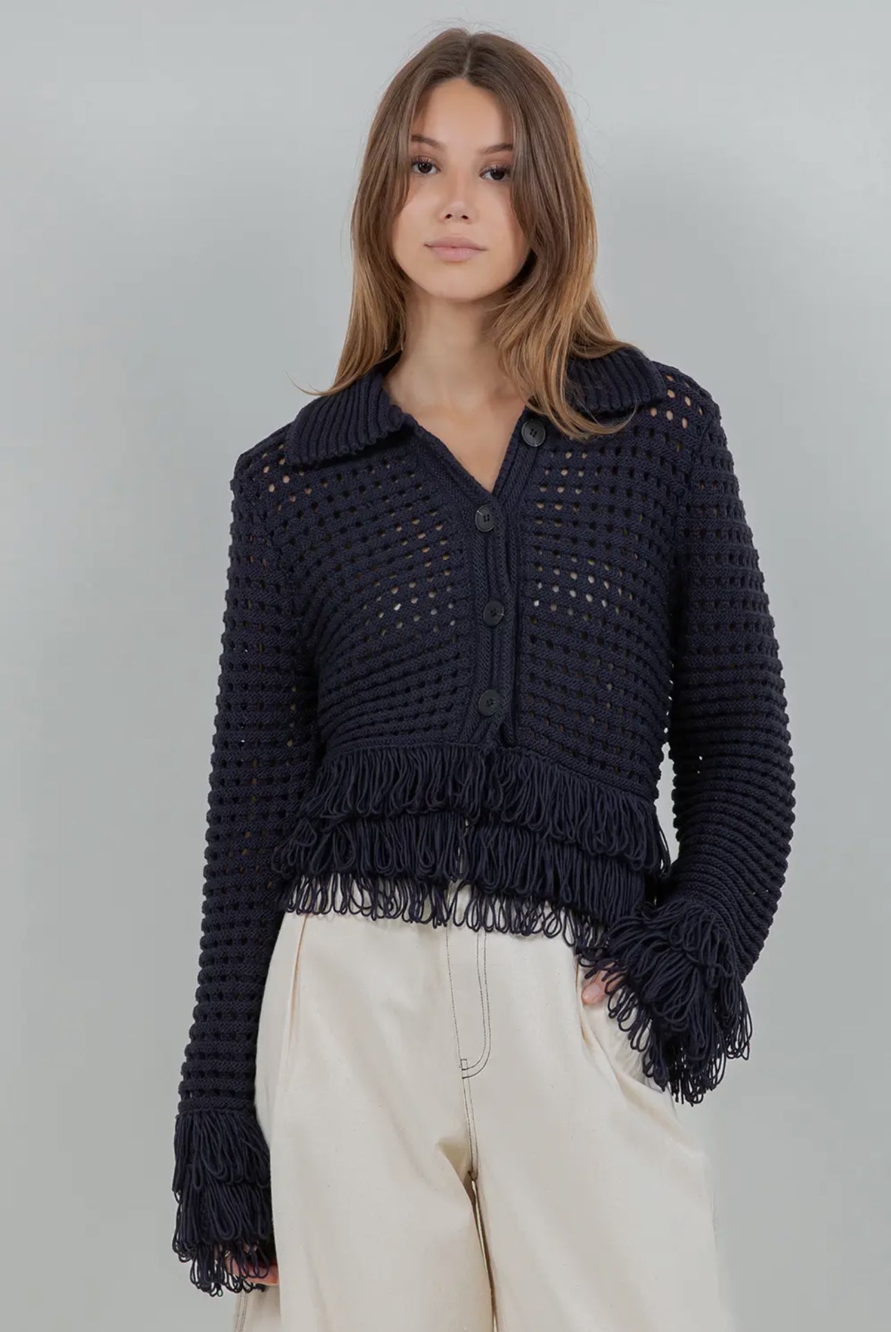 The Fringe Knit Cardigan Blue – Aittana Store