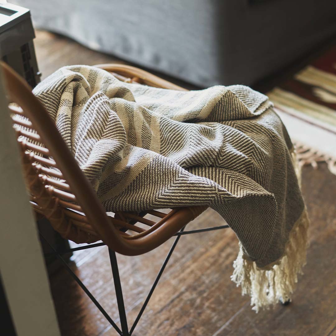 フリンジ付きランダムストライプ柄コットンブランケット/LGY‐【公式