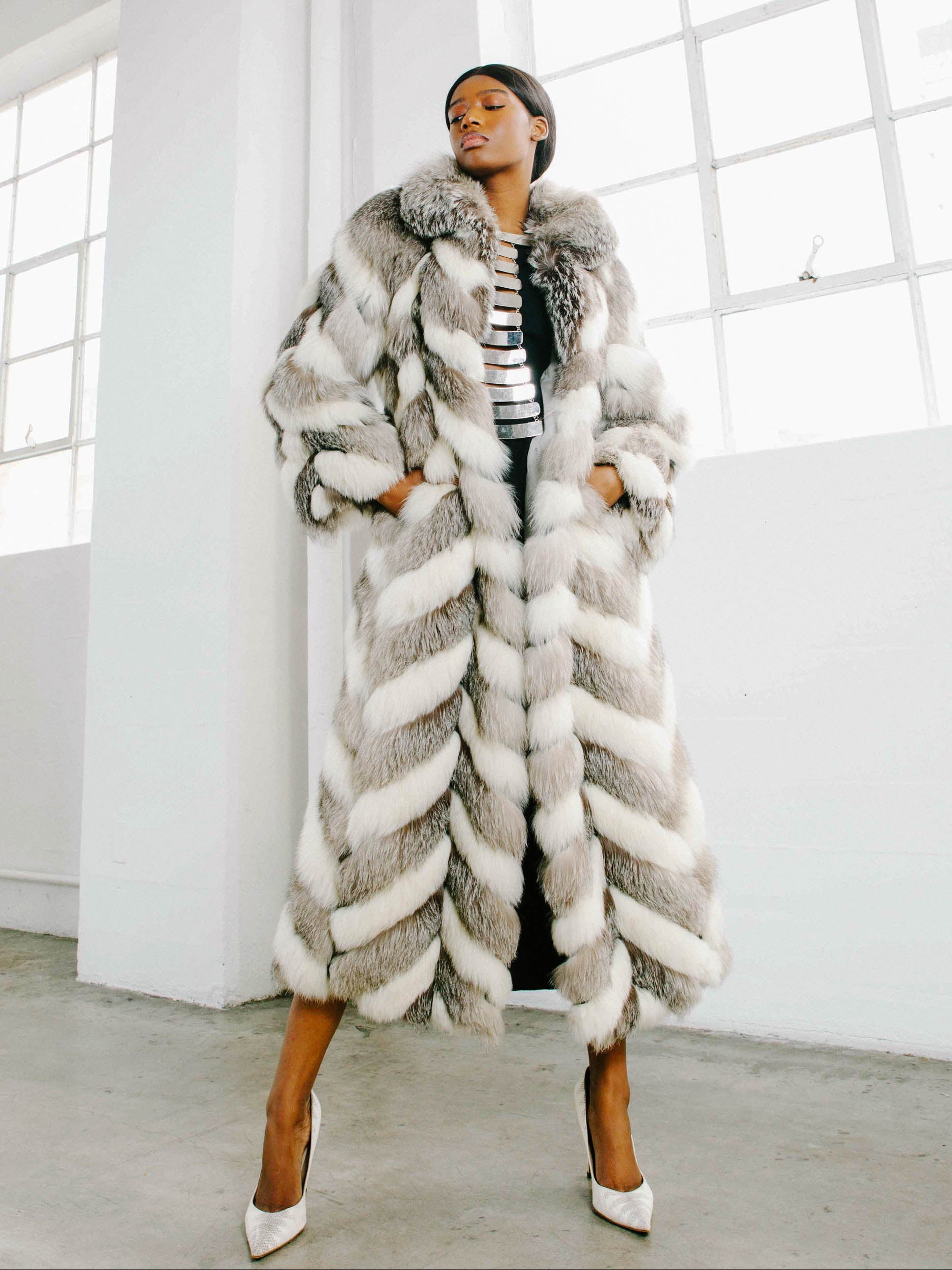 Christian Dior Gray and White Chevron Fur Coat