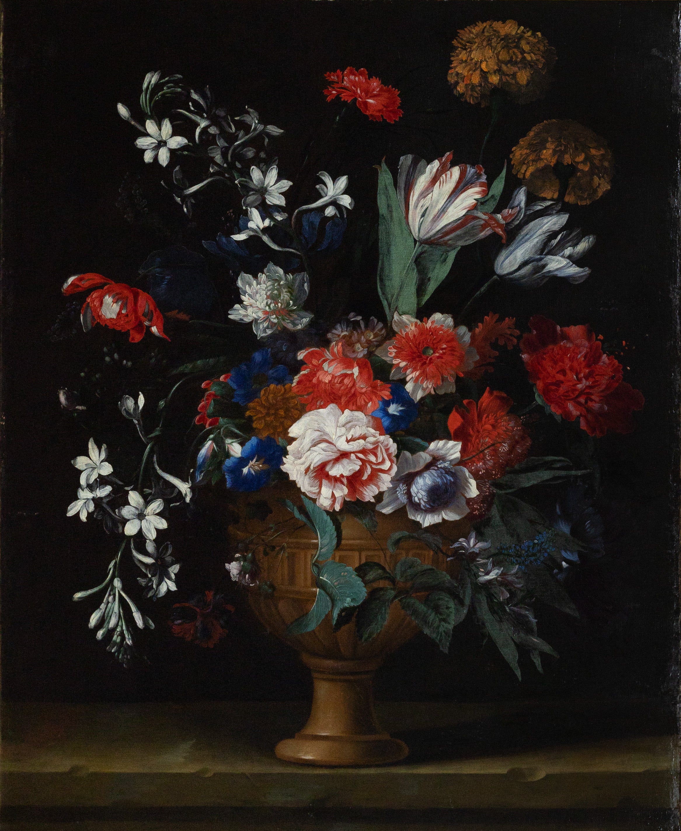 FLEMISH SCHOOL (17th century). Flowers in a vase on a ledge
