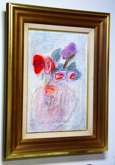 チクタクヒーカ] 松田正平作品 黄薔薇 水彩 色紙 額縁付き