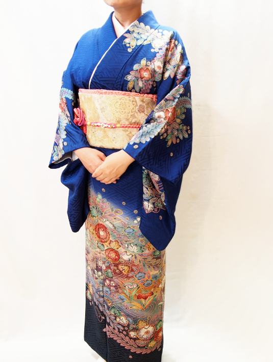 076正絹辻が花紺色訪問着 - 呉服下村屋 レンタル着物アシスト