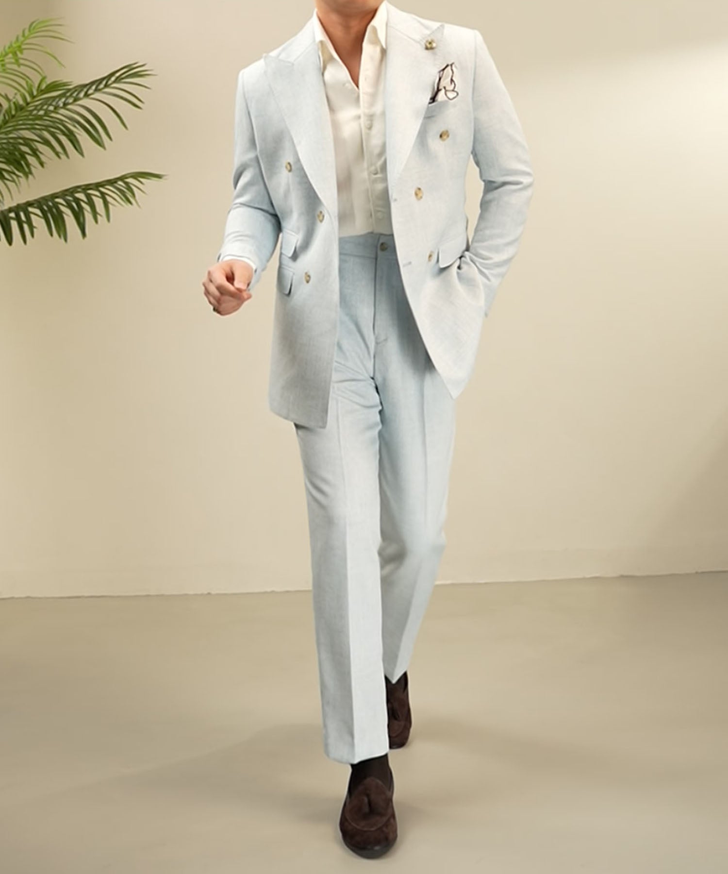 スリムフィット ダブルブレスト ワイドカラー ピークドラペル 6つ