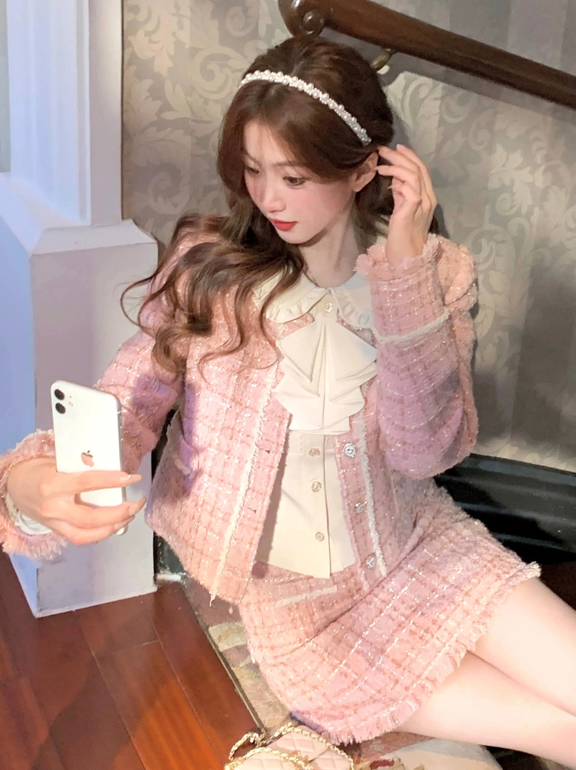 ピンクリトルフレグランスファーカラー＋ショートジャケット＋スカート