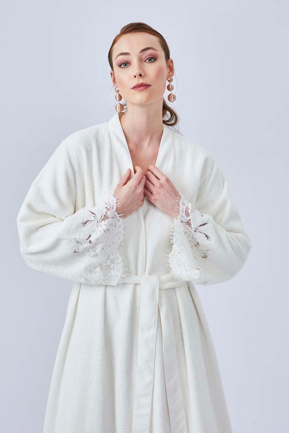 Angeliki - Long Towel Belted Bathrobe - Off White - Bocan Couture