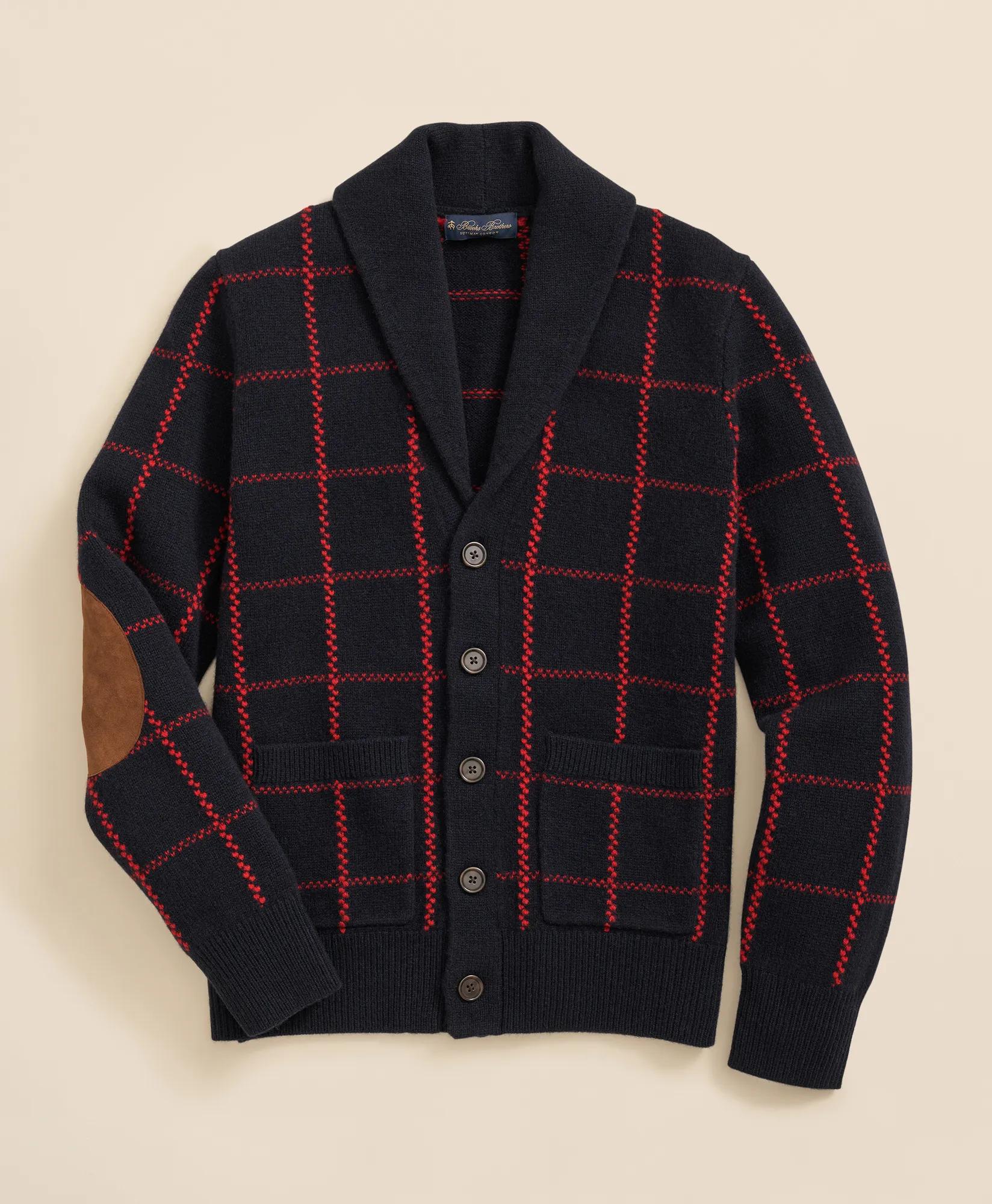 Merino Wool Windowpane Intarsia Shawl-Collar Cardigan