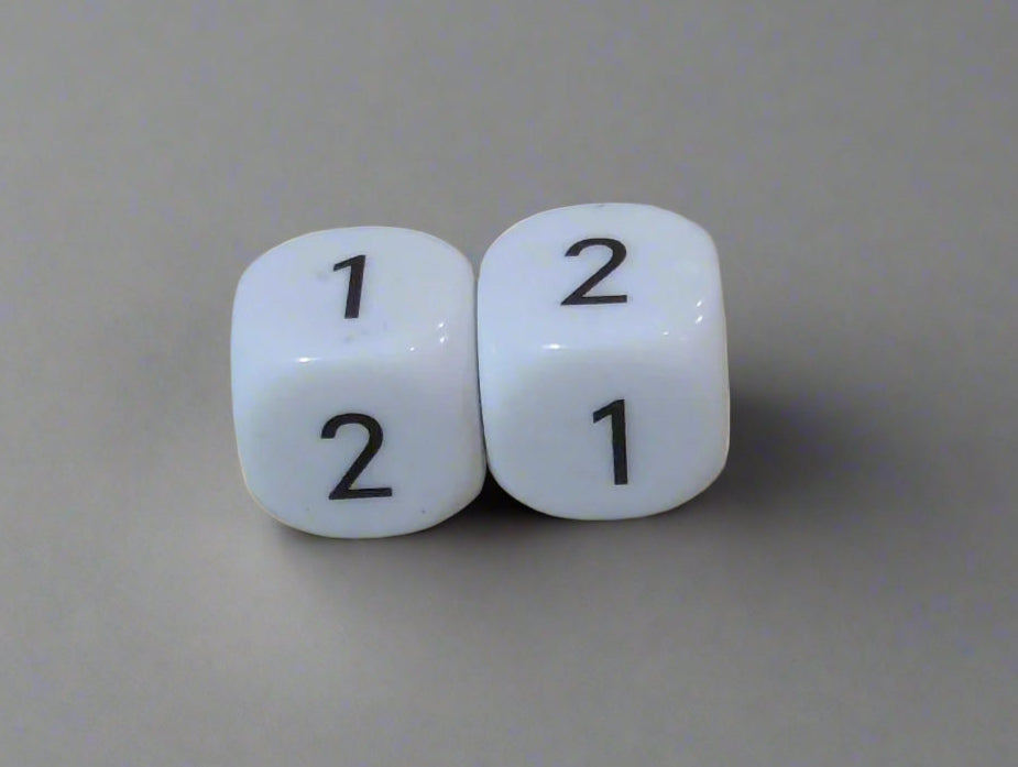 16mm Custom D6 Dice – Probability (1,1,1,2,2,2) – Black Print – Sold P