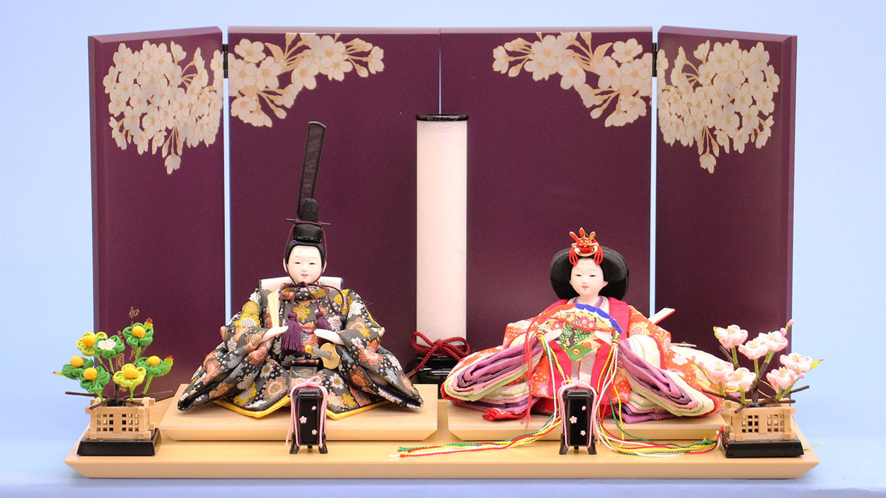 雛人形 平飾り 幅50cm｜小芥子 オレンジ 光琳桜 紫 – 寿鳳人形の東芸