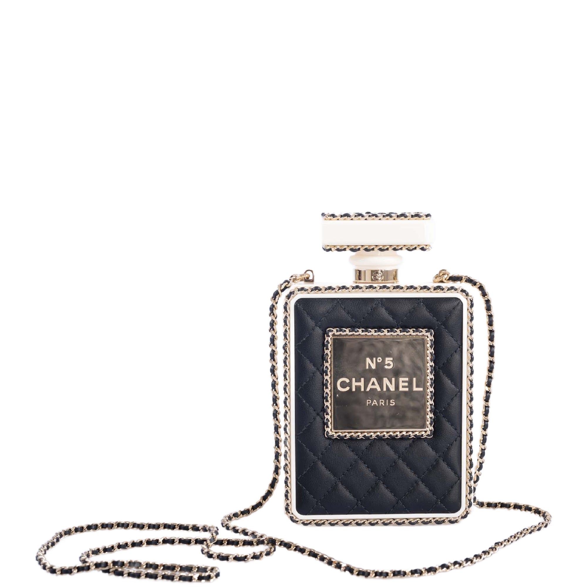 CHANEL Black Quilted Leather and White Perspex Perfume Bottle