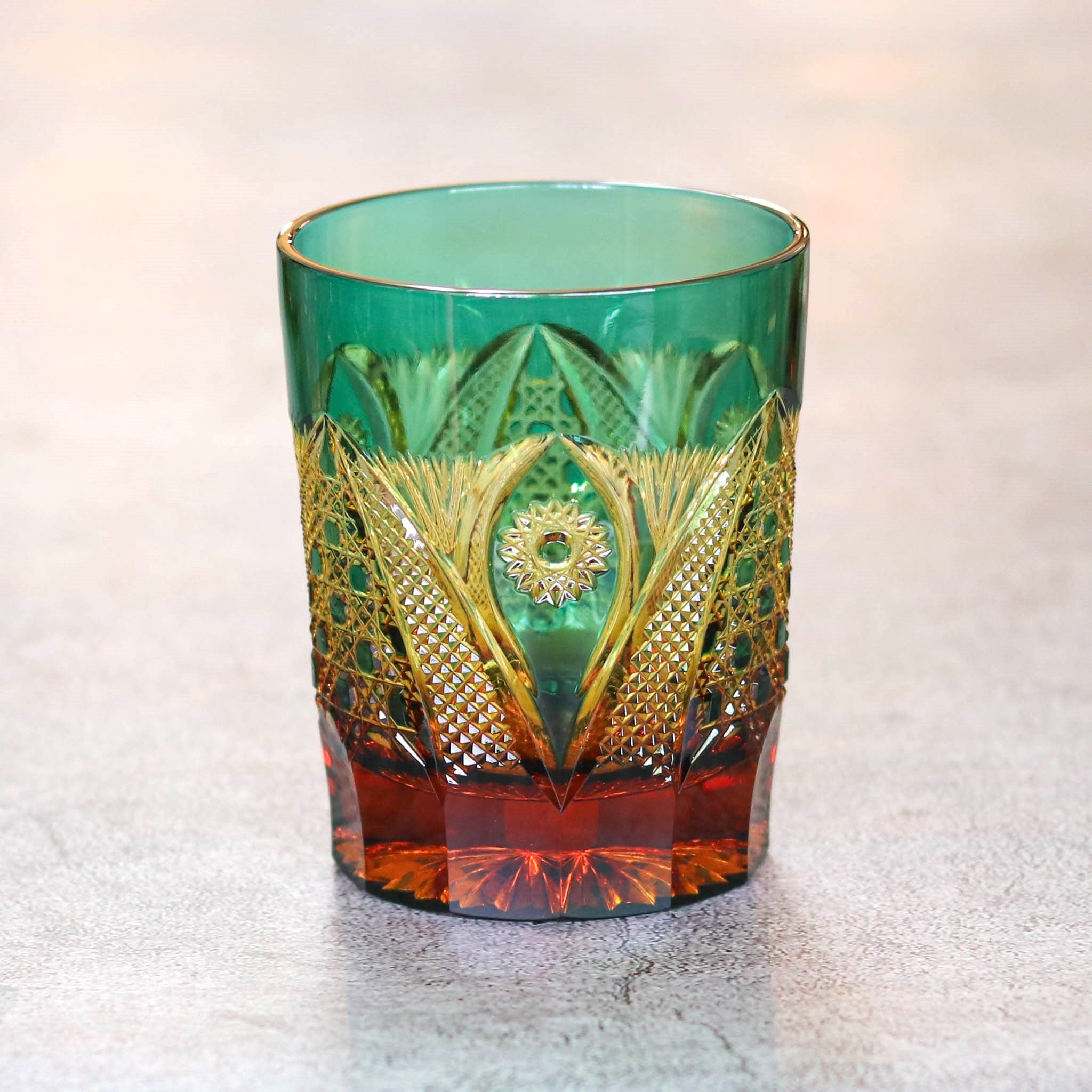 綾ガラス グラス | 綾切子 オールドファッション | 琥珀 グリーン