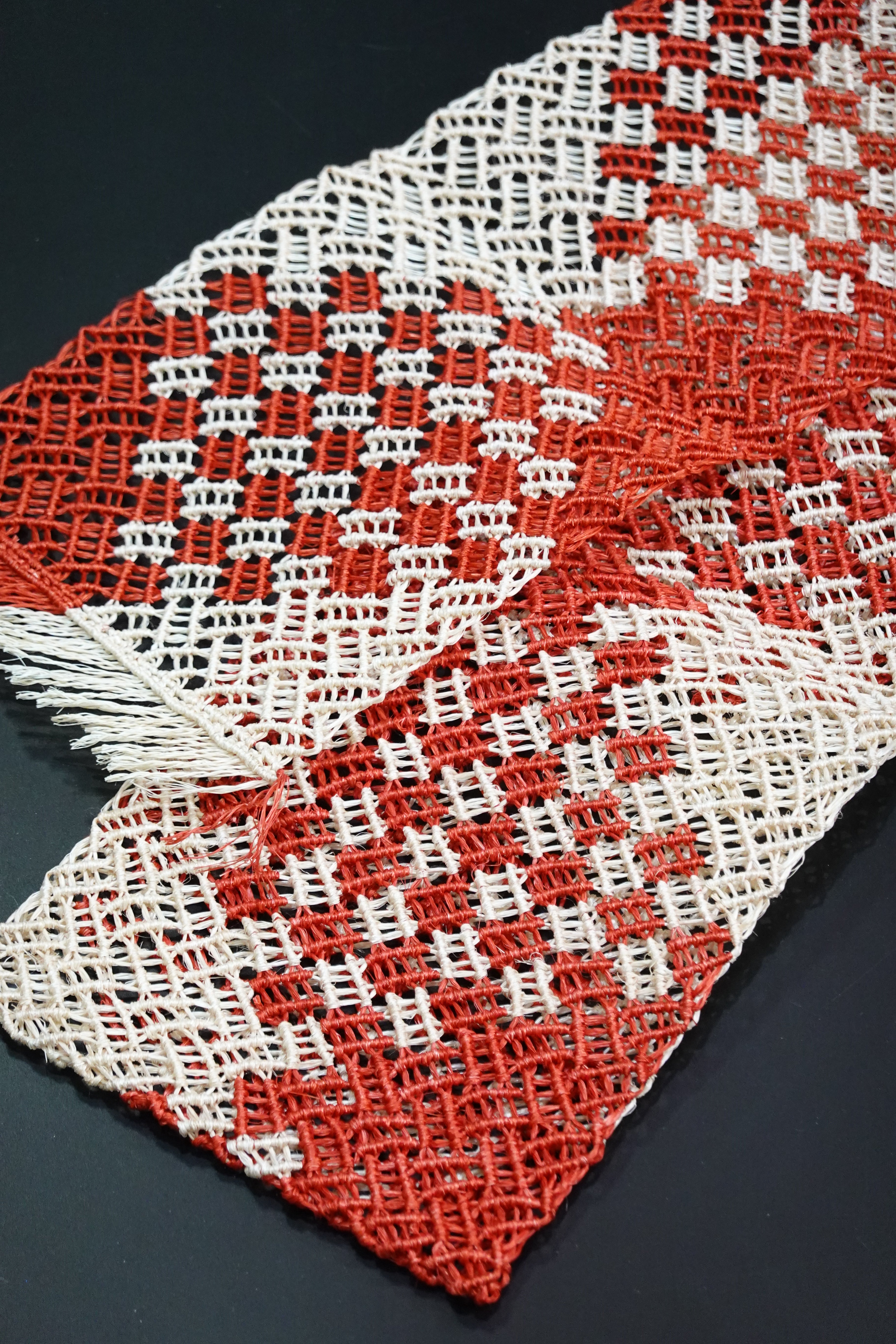 誉田屋源兵衛】半巾帯 芭蕉紗綾形 格子 赤 – きものKUREHA