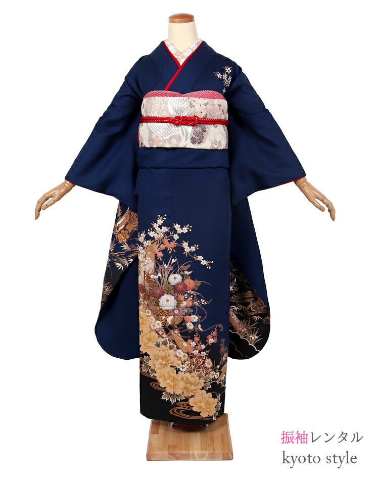 振袖 レンタル フルセット 成人式 結婚式 卒業式 紺 ネイビー トール