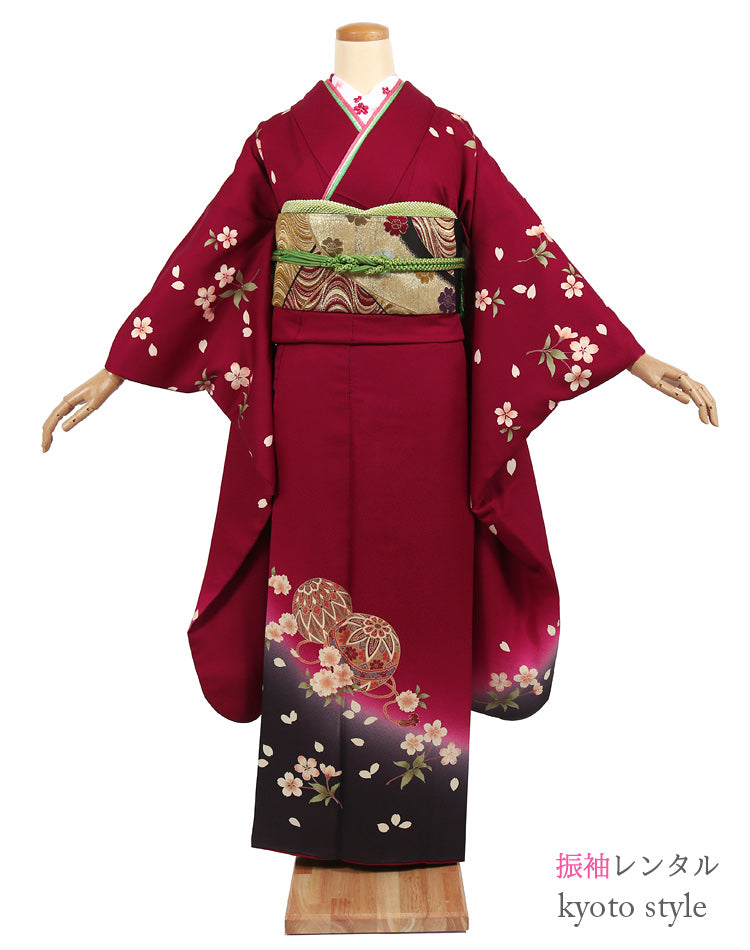 振袖 レンタル フルセット 赤 エンジ 柄少なめ シンプル 適応身長157cm