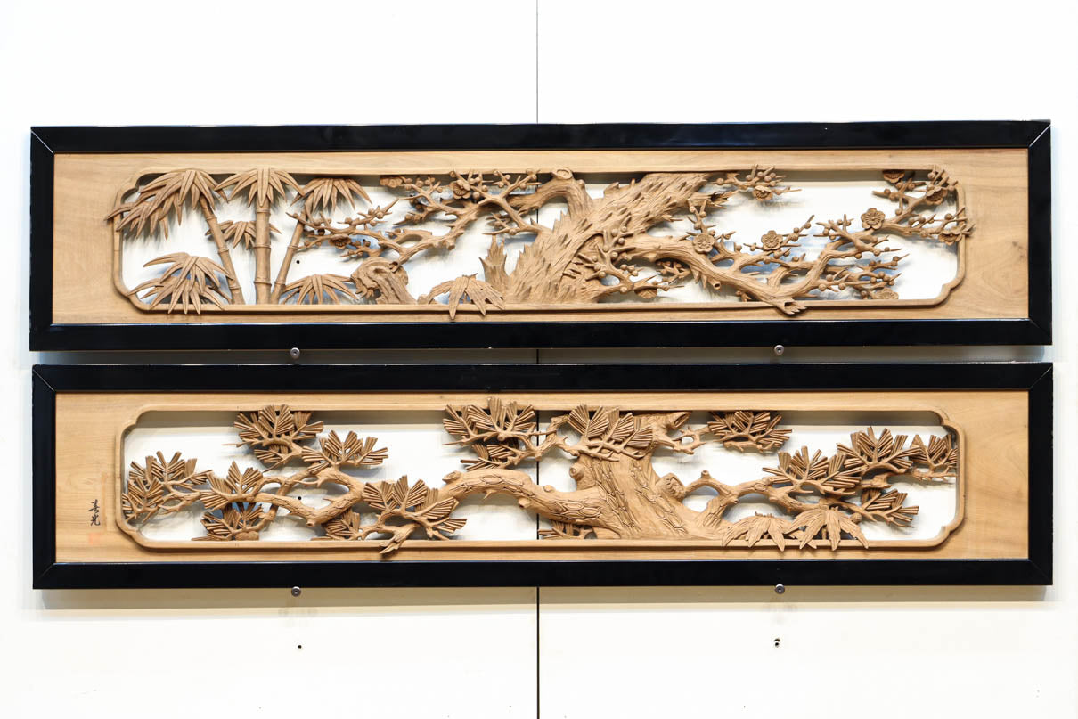 風格ある松竹梅彫刻で自然の趣き感じる彫刻欄間 EZ2067ab 在庫(a:1 b:1