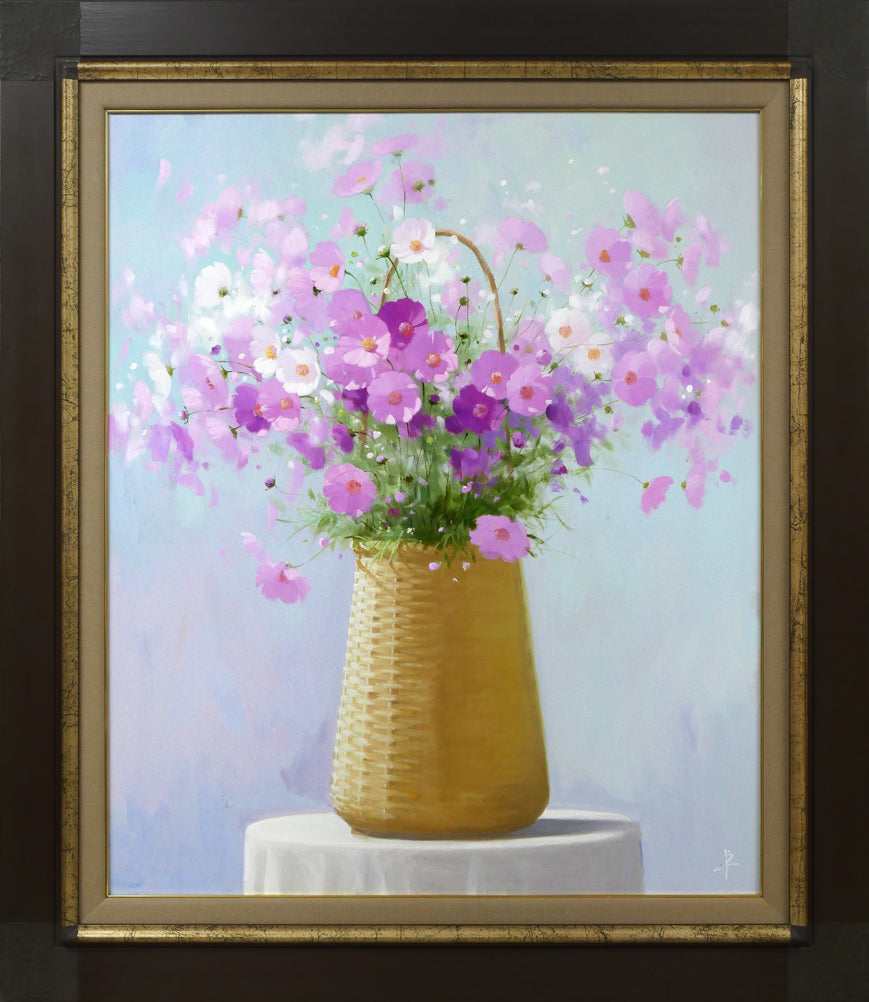 長岡卓「かごのコスモス」油絵・F20号 絵画買取・販売の小竹美術