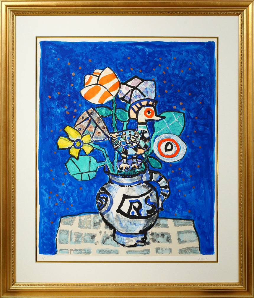 真作・版画】ポール・アイズピリ「青いバックの花」 真作・版画