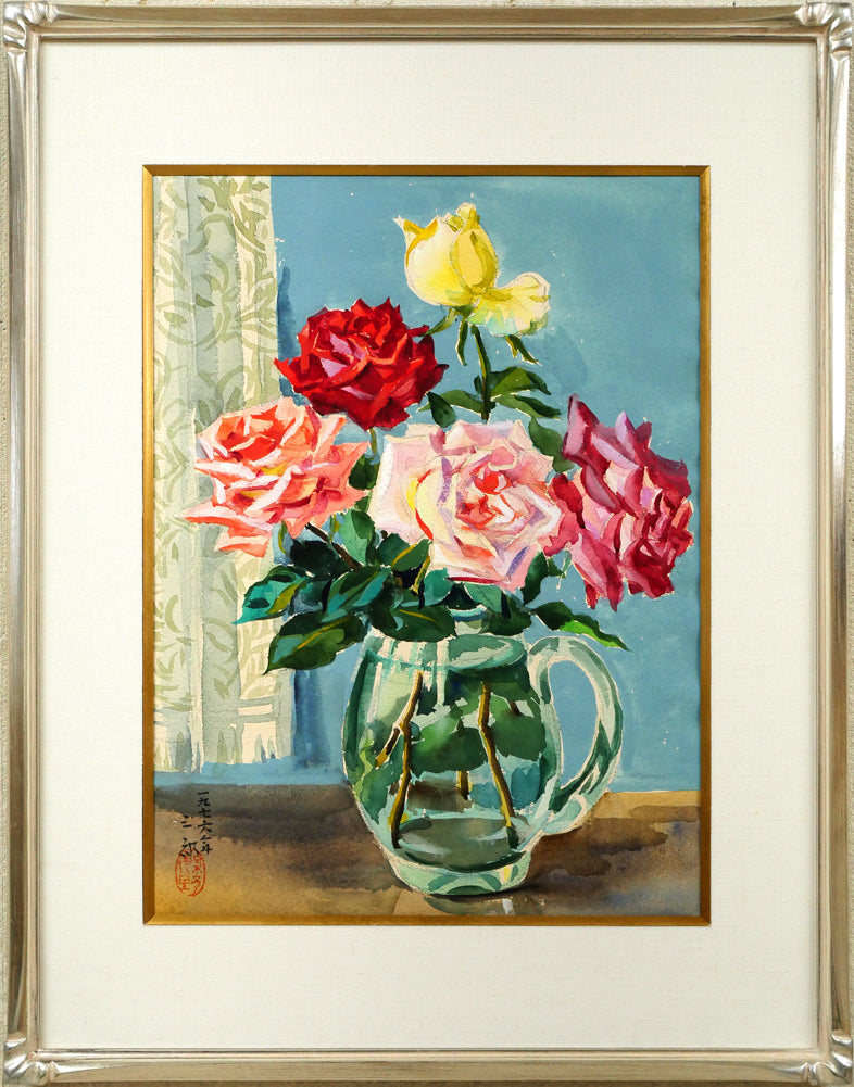 洋画家 冬野健二郎 F12号 油彩画バラ 真作 美術年鑑 世界芸術家辞典