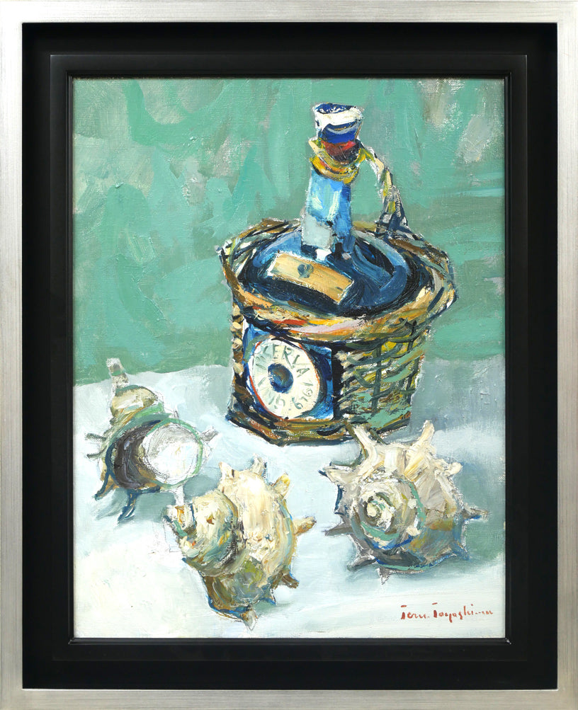 豊島輝彦「洋酒ビンのある静物」油絵・F6号 絵画買取・販売の小竹美術