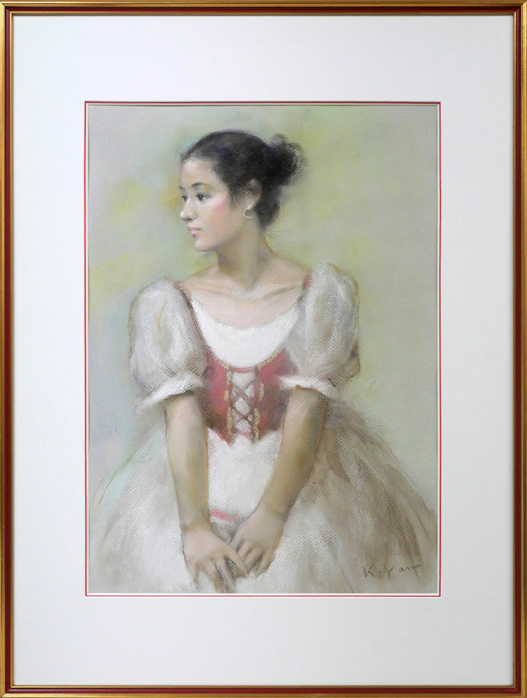 矢野喜久男「赤いベスト」パステル画・10号 絵画買取・販売の小竹美術