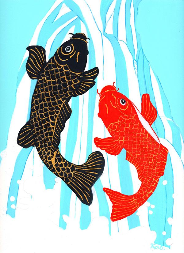 美品 掛軸 広森耕仁 夫婦鯉の滝昇り 二重箱 美品 掛軸 広森耕仁 夫婦鯉