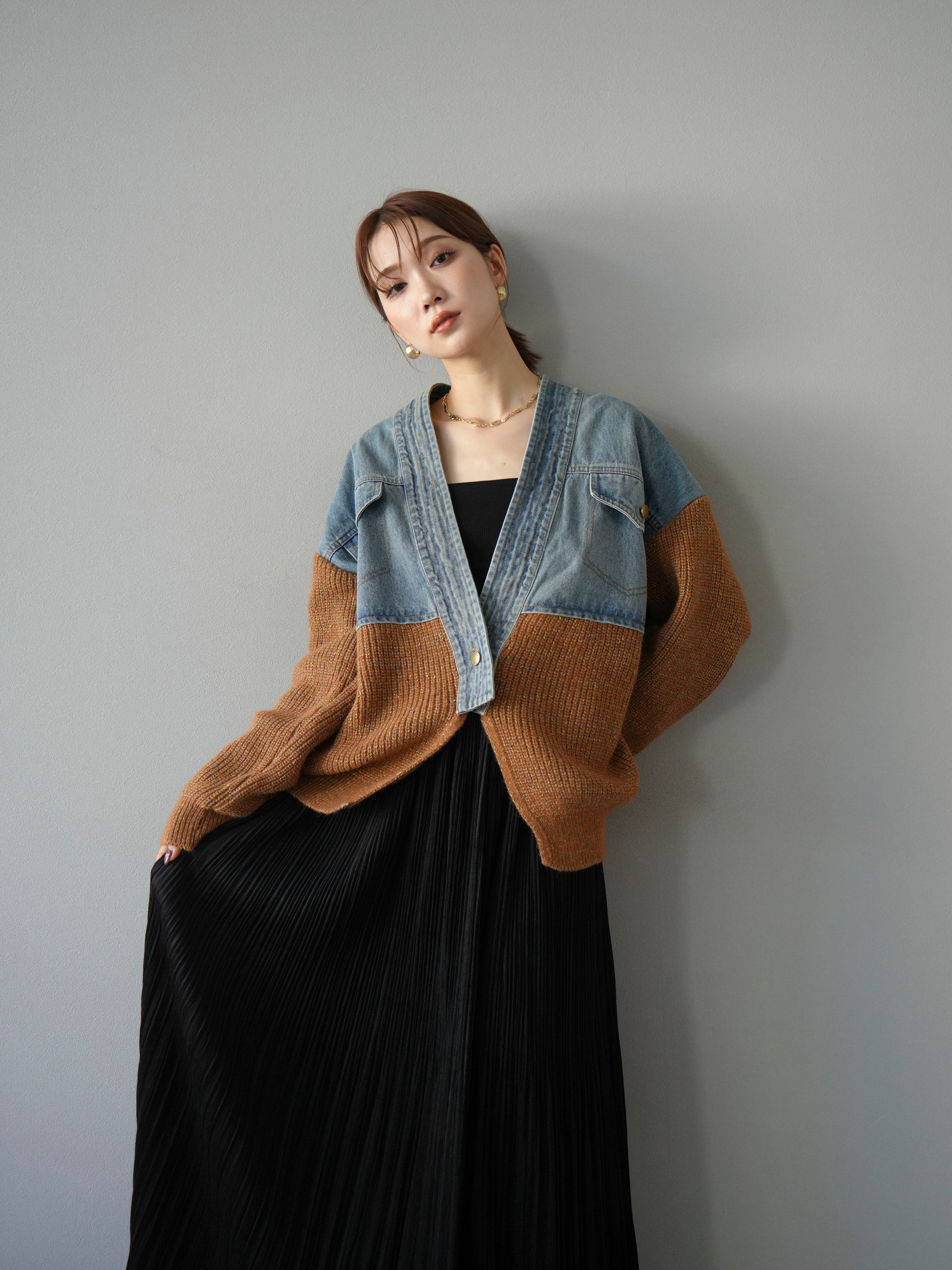 予約]デニム切替ネップニットカーディガン/キャメル – Lumier