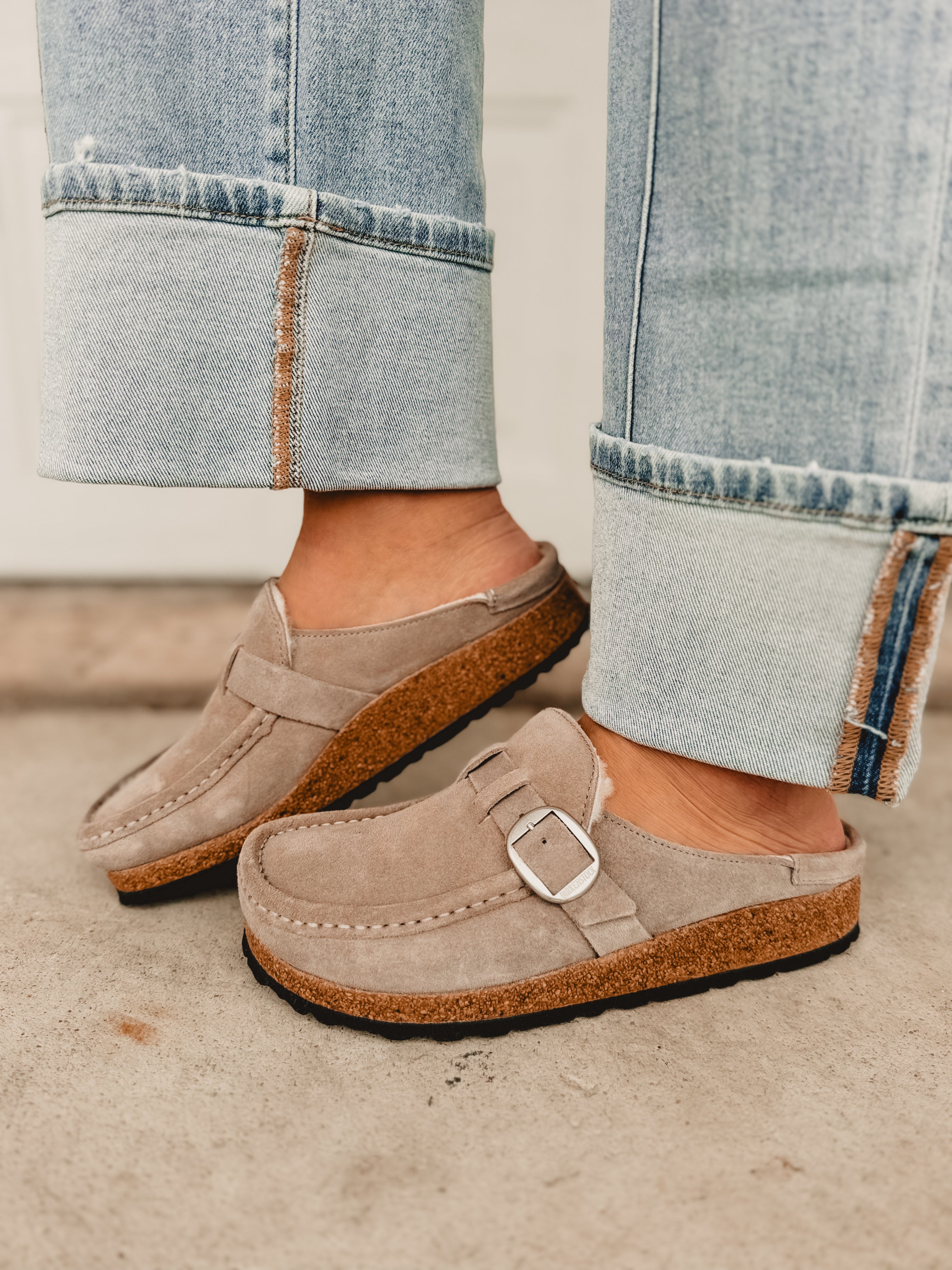 Birkenstock Buckley Suede Leather Shearling Clog - Stone Coin
