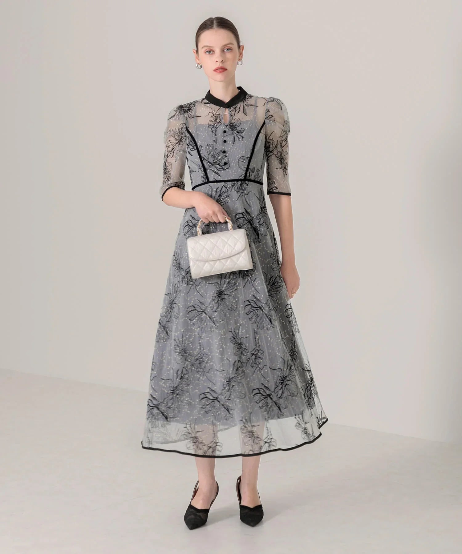 当日発送】パイピングハイネック花柄ラメレースドレス/パーティー